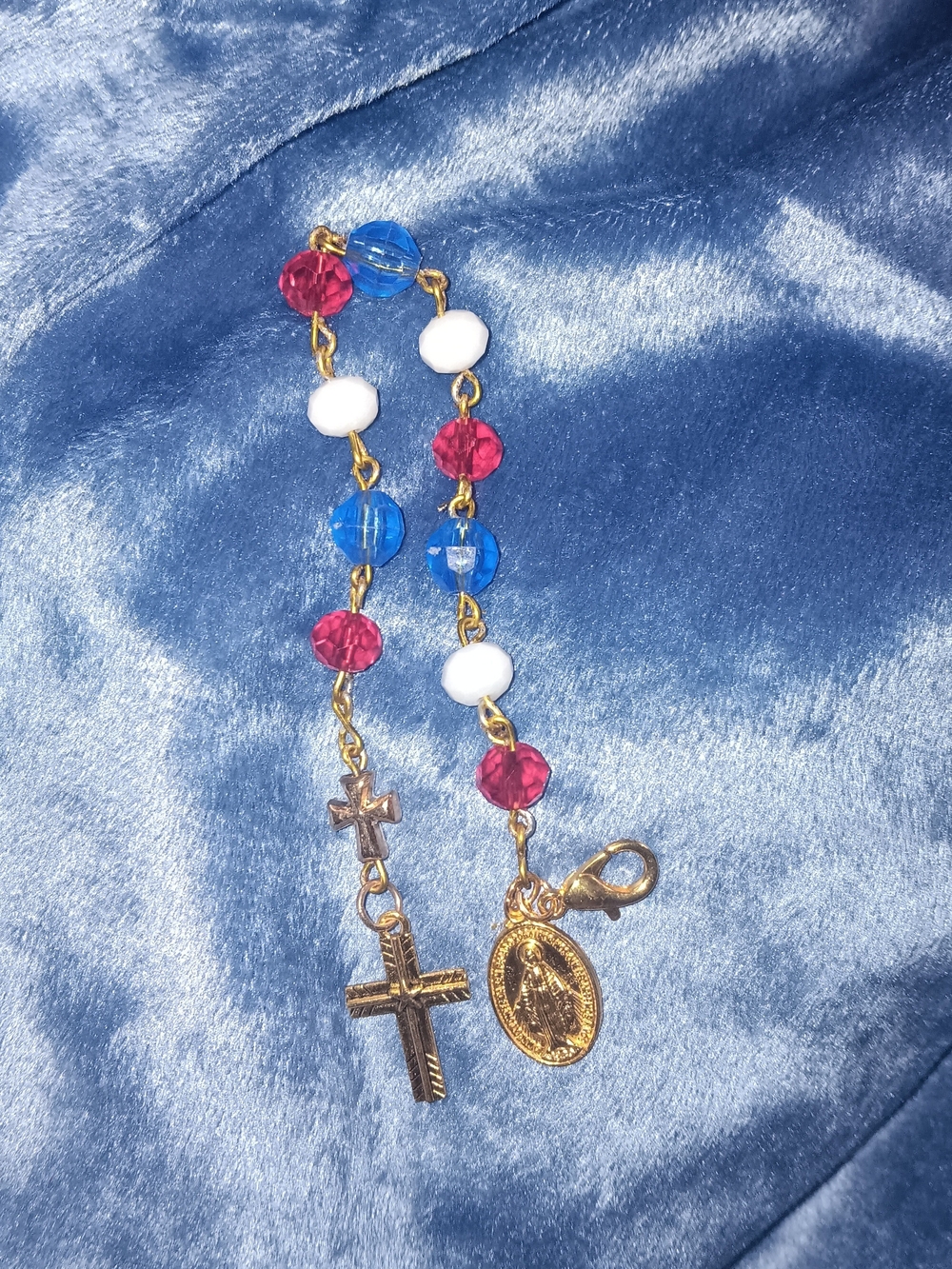 Gold-Tone Religious Charm Pocket Rosary with Red, Blue & White Beads